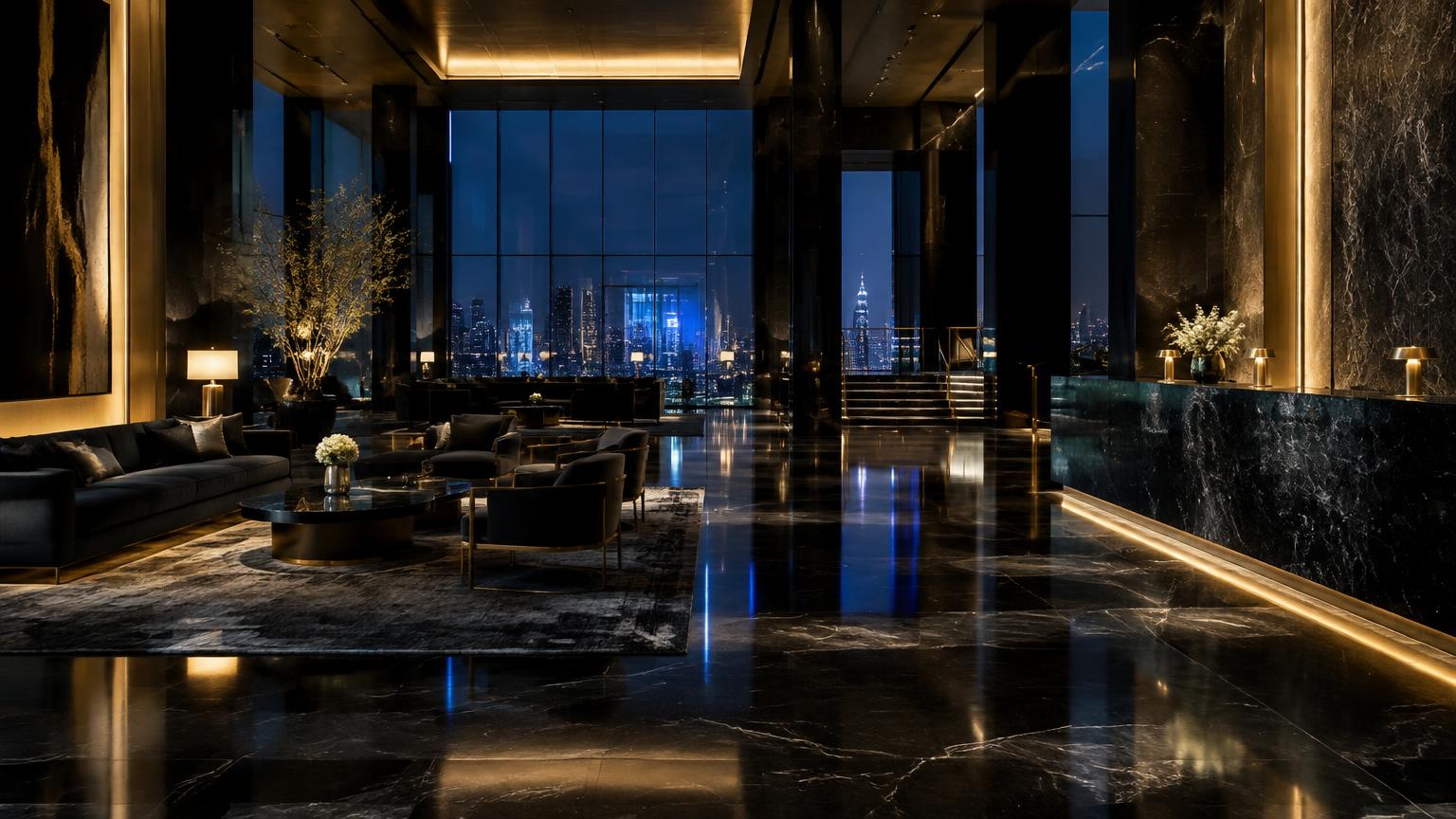 Luxury hotel lobby overlooking a city at night