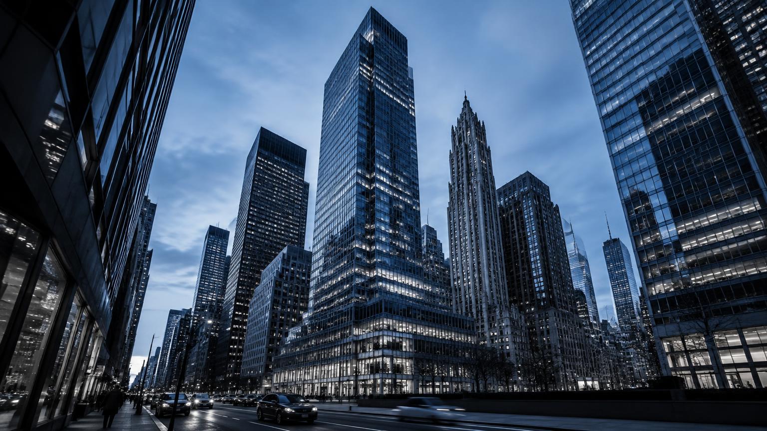 Commercial towers in Manhattan at blue hour