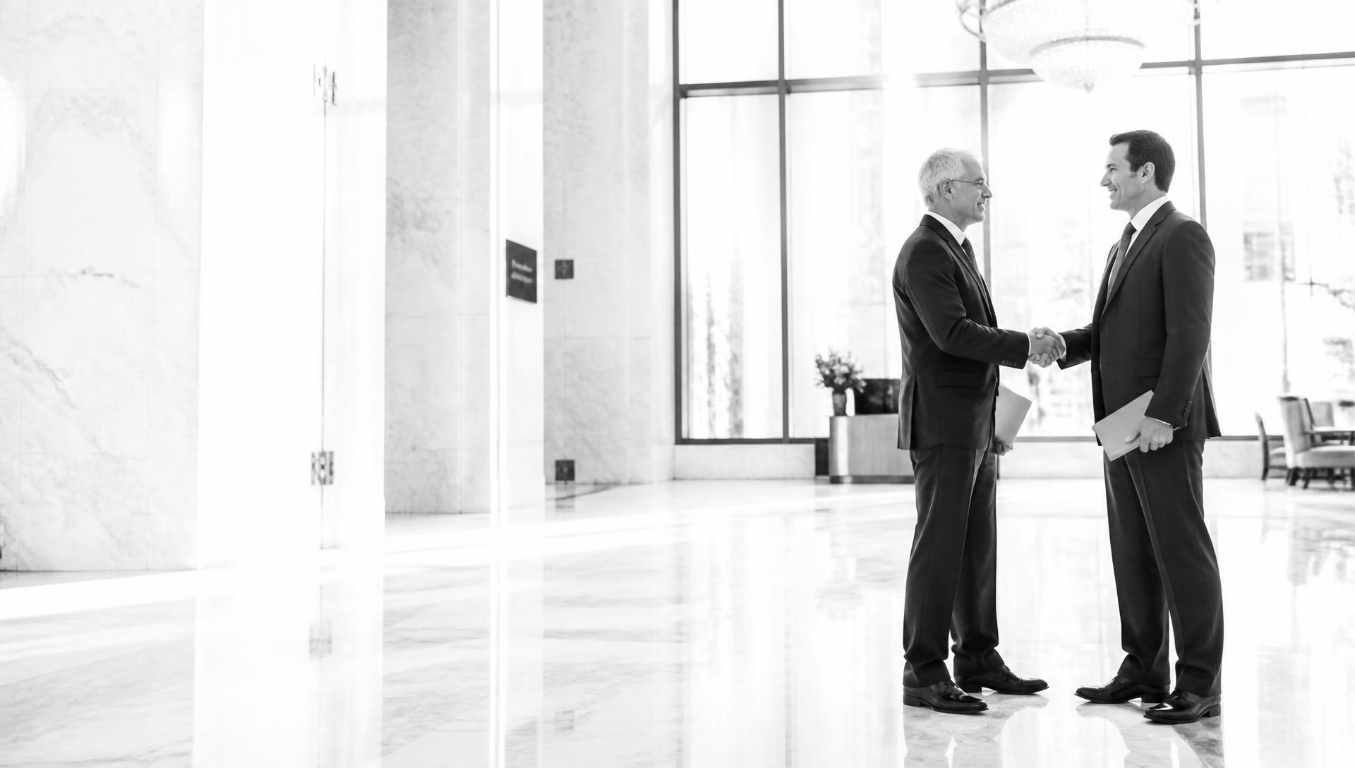 Two executives shaking hands in the marble lobby of a luxury hotel