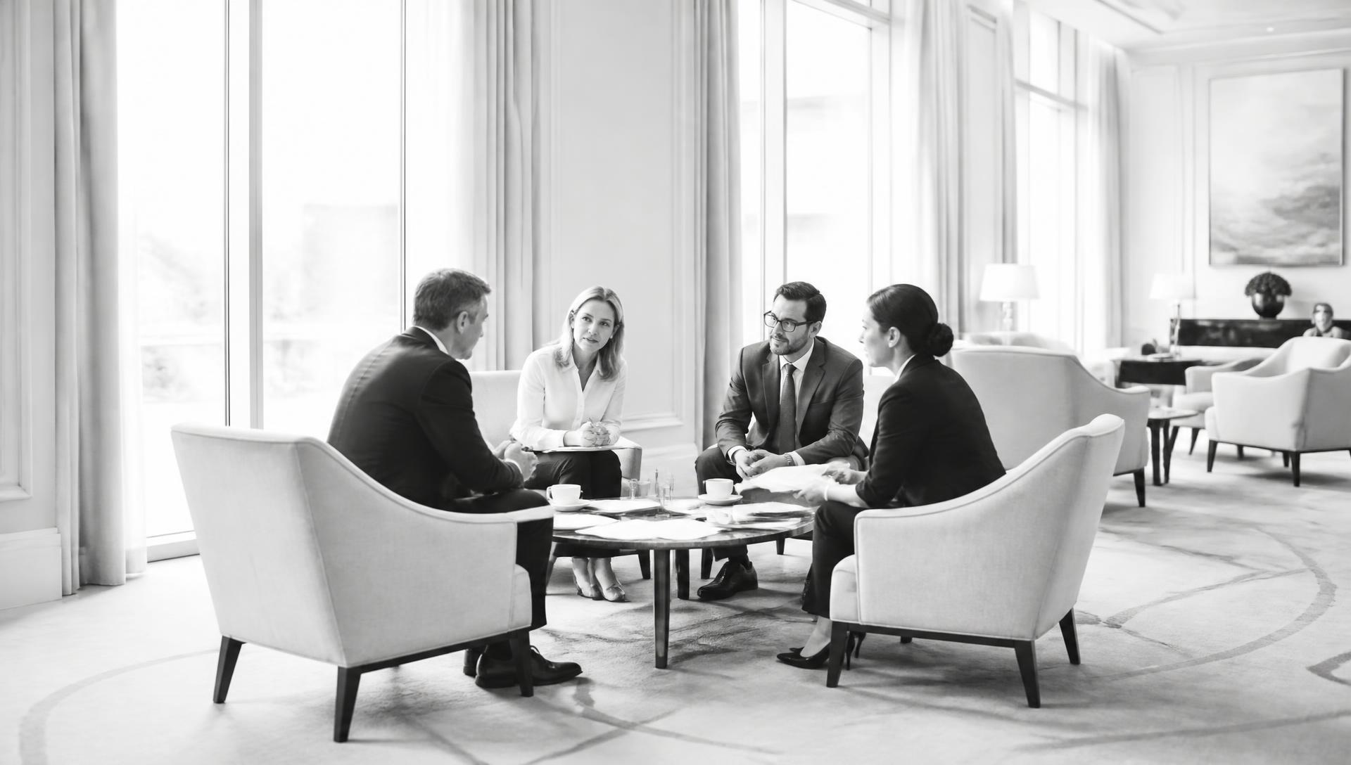 Executives in conversation around a table in a bright hotel lounge